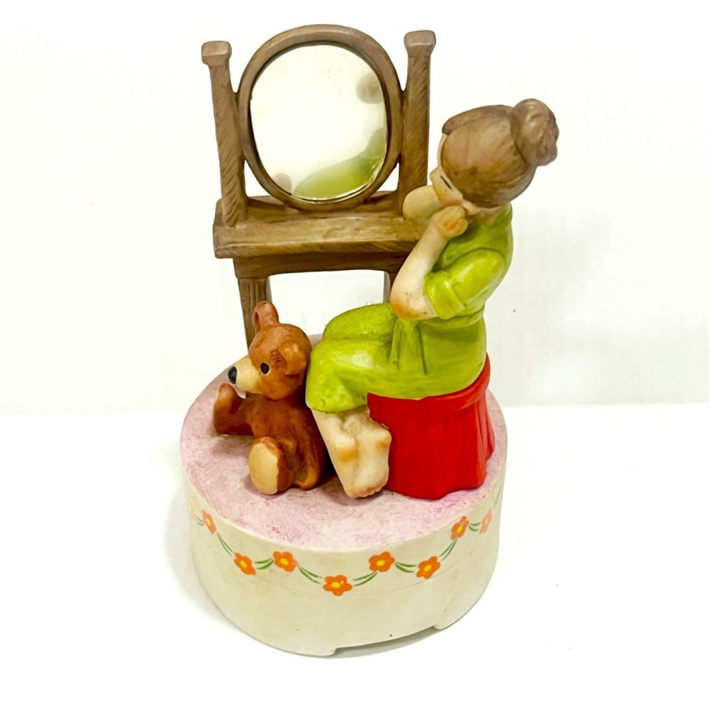 Vintage Japan music Box Charming Green and Red Figurine with Mirror